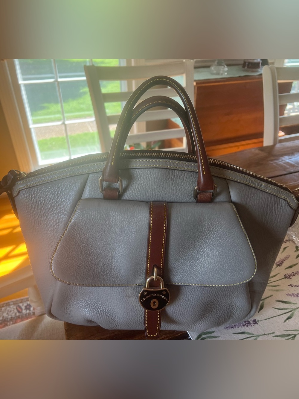 Dooney & Bourke Gray Satchel with Brown Trim